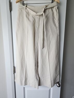 Joie Linen Cream Wide-Leg Pants with Waist Tie